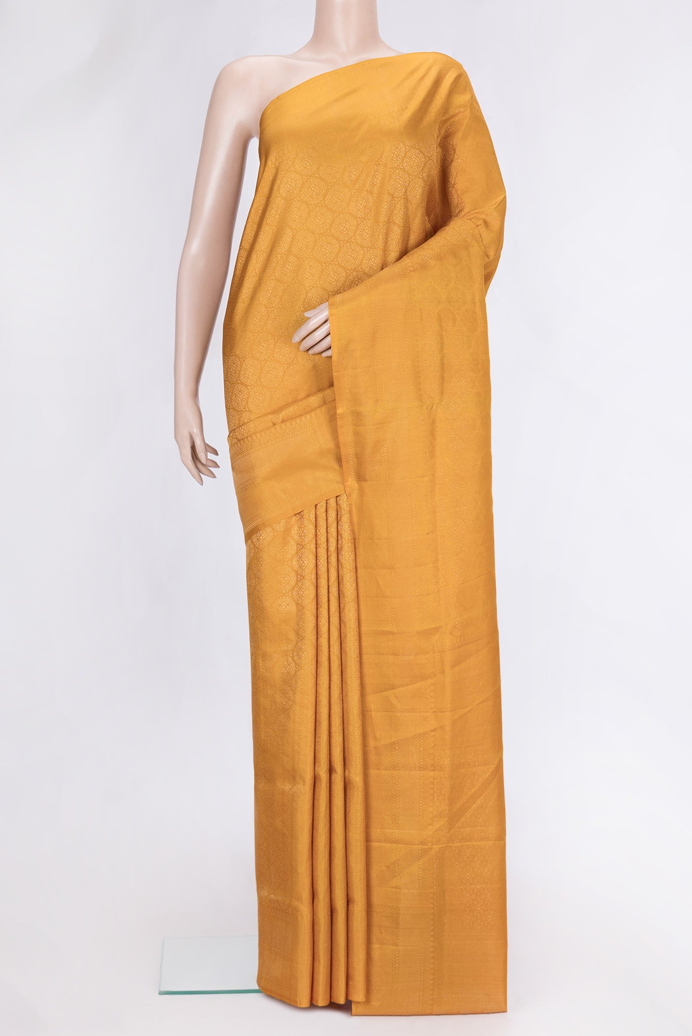 Yellow Dual Tone Soft Silk Saree with Zari Brocade on the body and Zari Border.  displayed on a mannequin