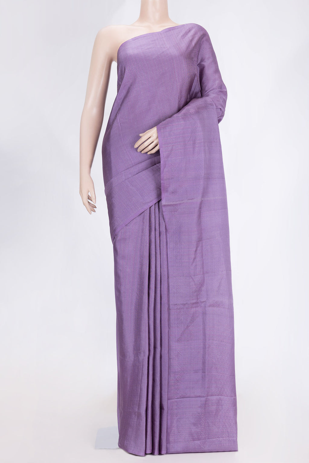 Lavender Dual Tone Soft Silk Saree with Zari Brocade on the body and Zari Border.  displayed on a mannequin