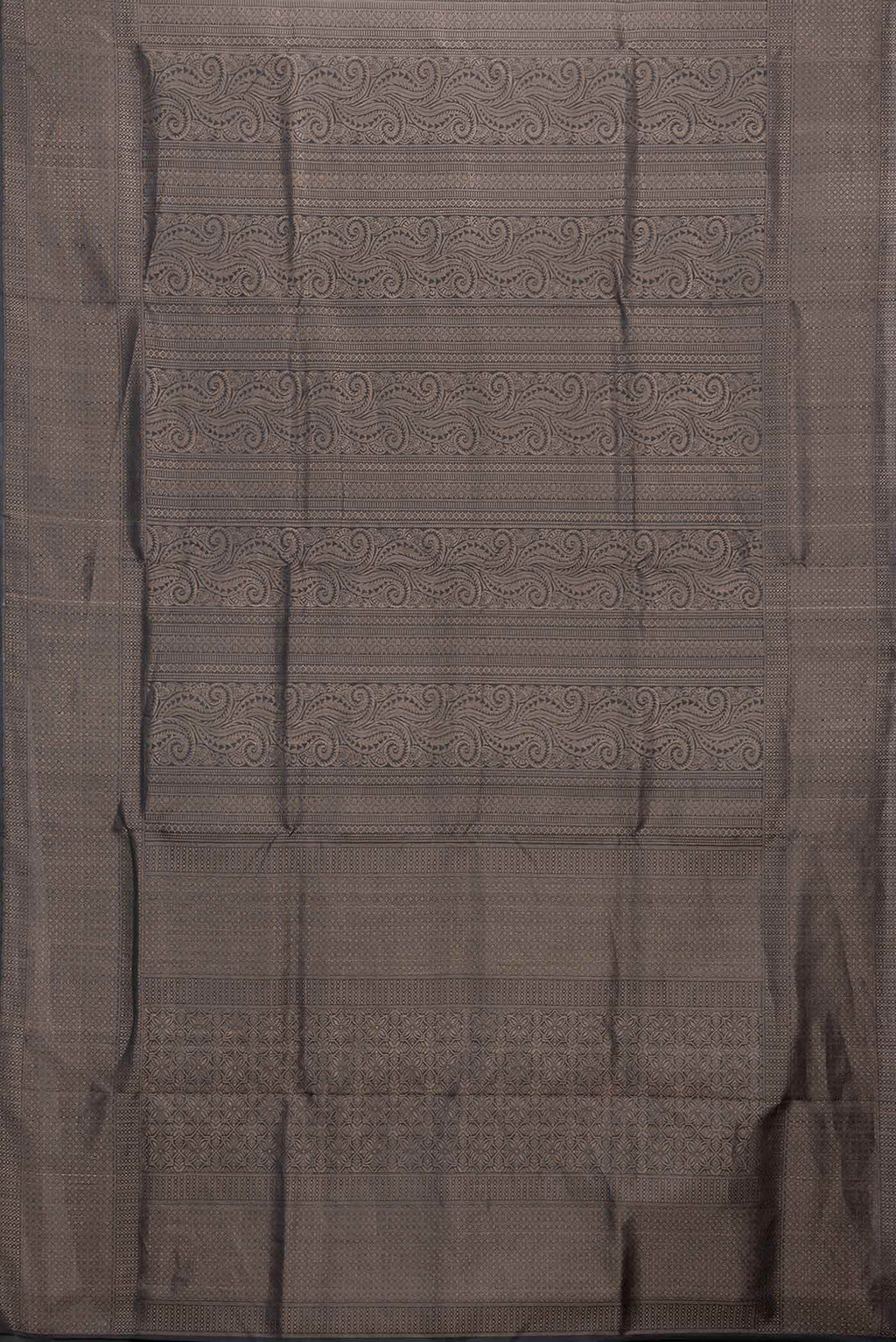 Flat view of Black Dual Tone Soft Silk Saree with Zari Brocade on the body and Zari Border. 