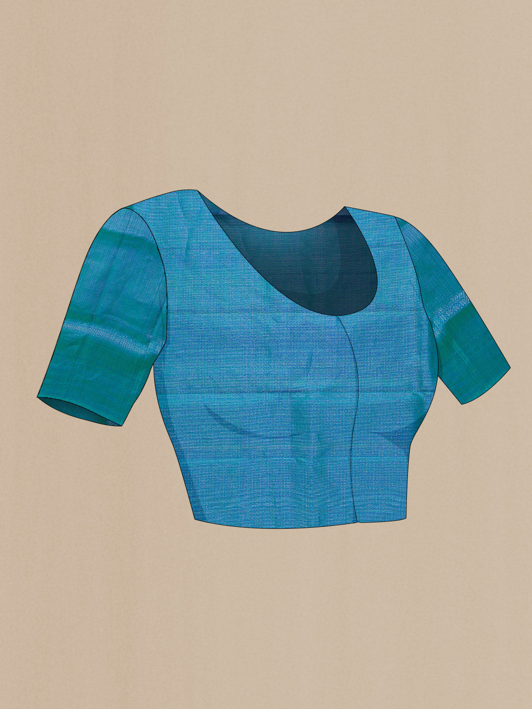 Close up image of the blouse of Peacock Blue Dual Tone Soft Silk Saree with Zari Brocade on the body and Zari Border. 