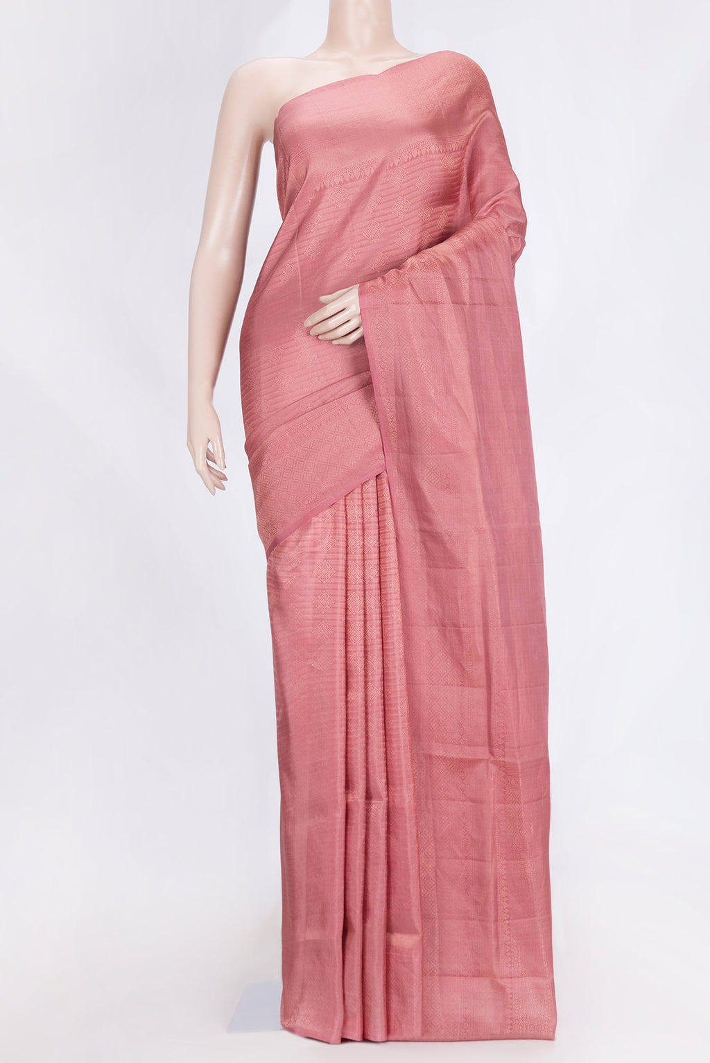 Pink Dual Tone Soft Silk Saree with Zari Brocade on the body and Zari Border.  displayed on a mannequin