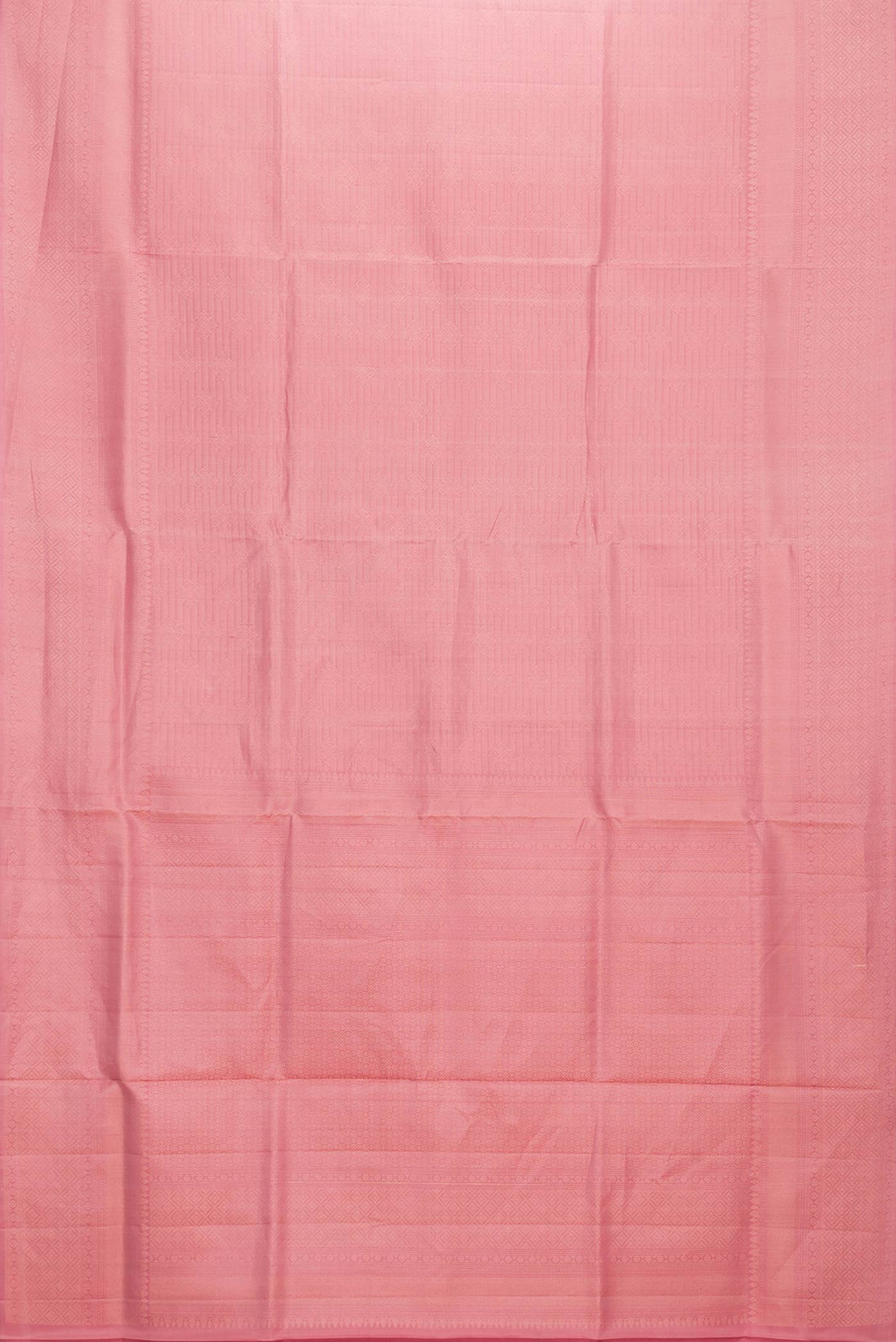 Flat view of Pink Dual Tone Soft Silk Saree with Zari Brocade on the body and Zari Border. 