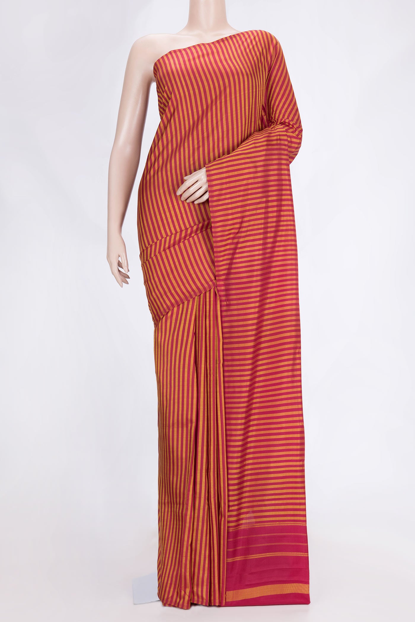 Maroon Dual Tone Kanjivaram Saree with Stripes on the body and Without Border.  displayed on a mannequin