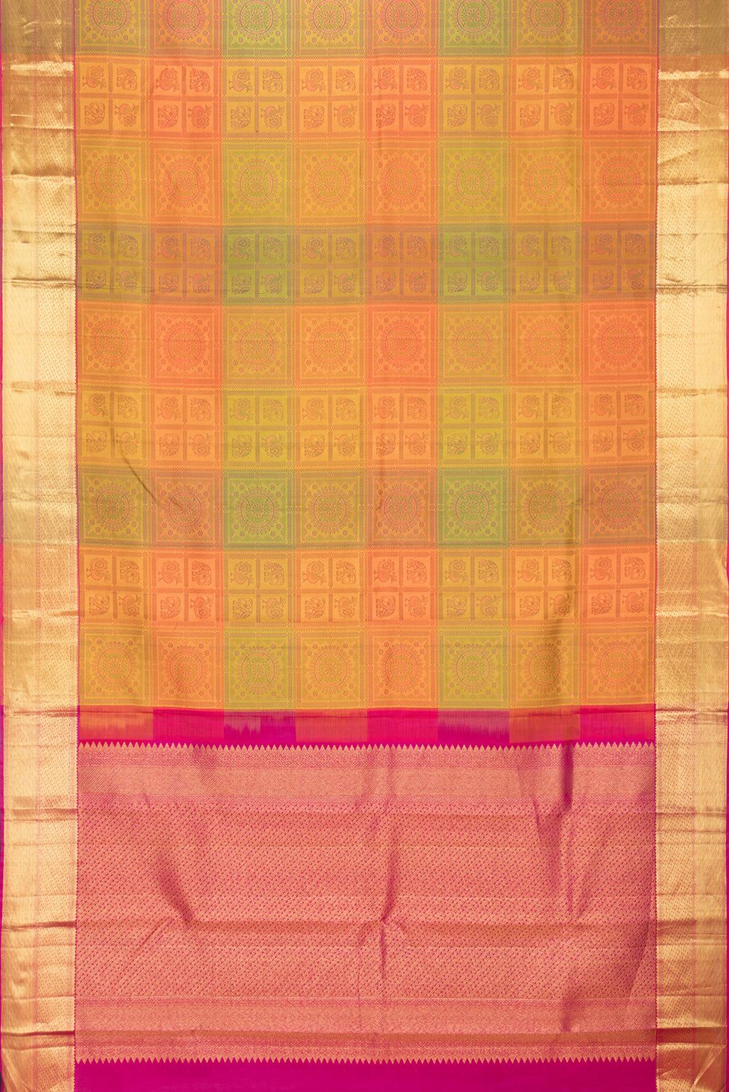 Flat view of Mustard Dual Tone Kanjivaram Silk Saree with Jacquard design on the body and Zari Border. 
