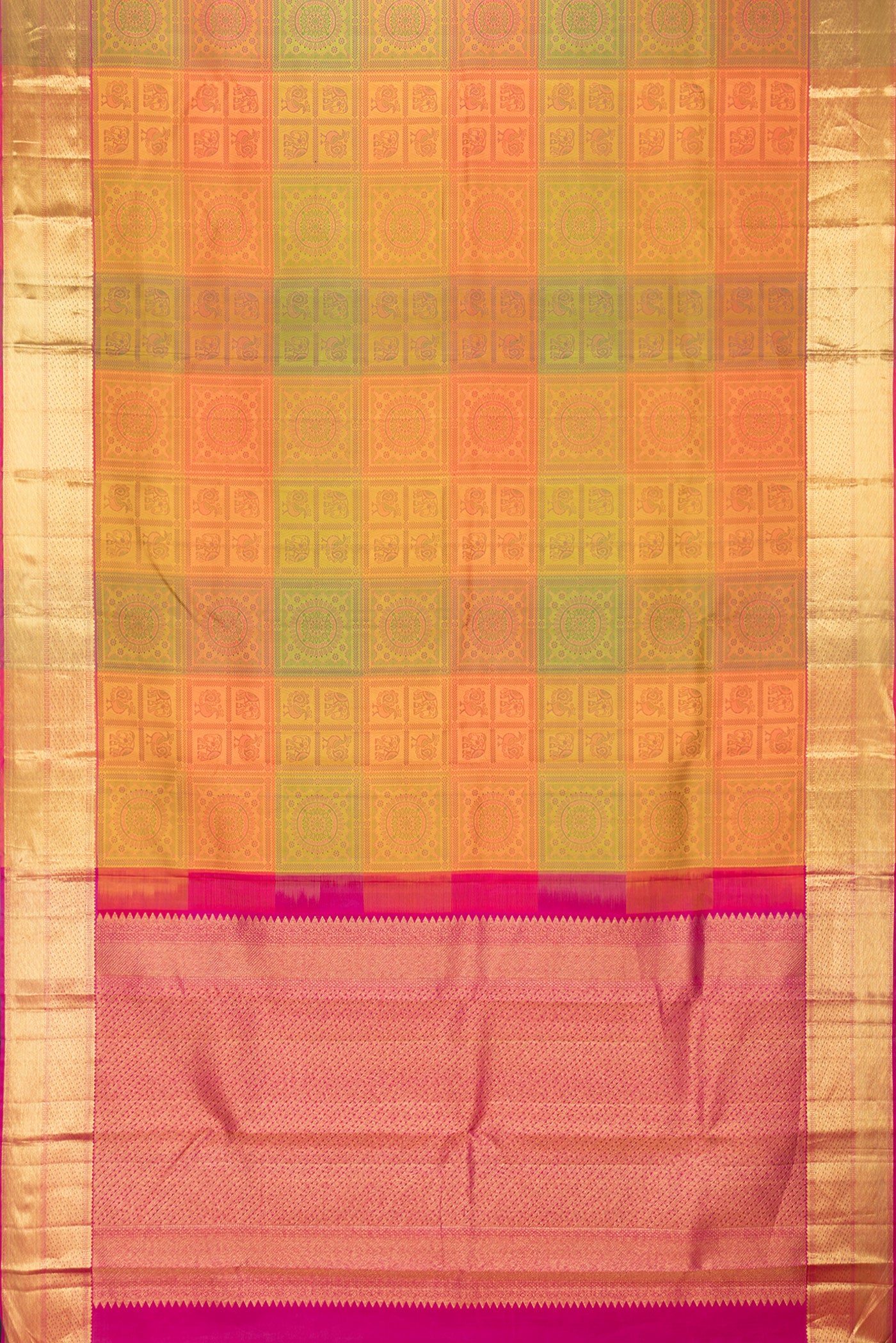 Flat view of Mustard Dual Tone Kanjivaram Silk Saree with Jacquard design on the body and Zari Border. 