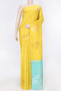 Yellow Dual Tone Kanchipuram Saree with Stripes on the body and Fancy Border displayed on a mannequin