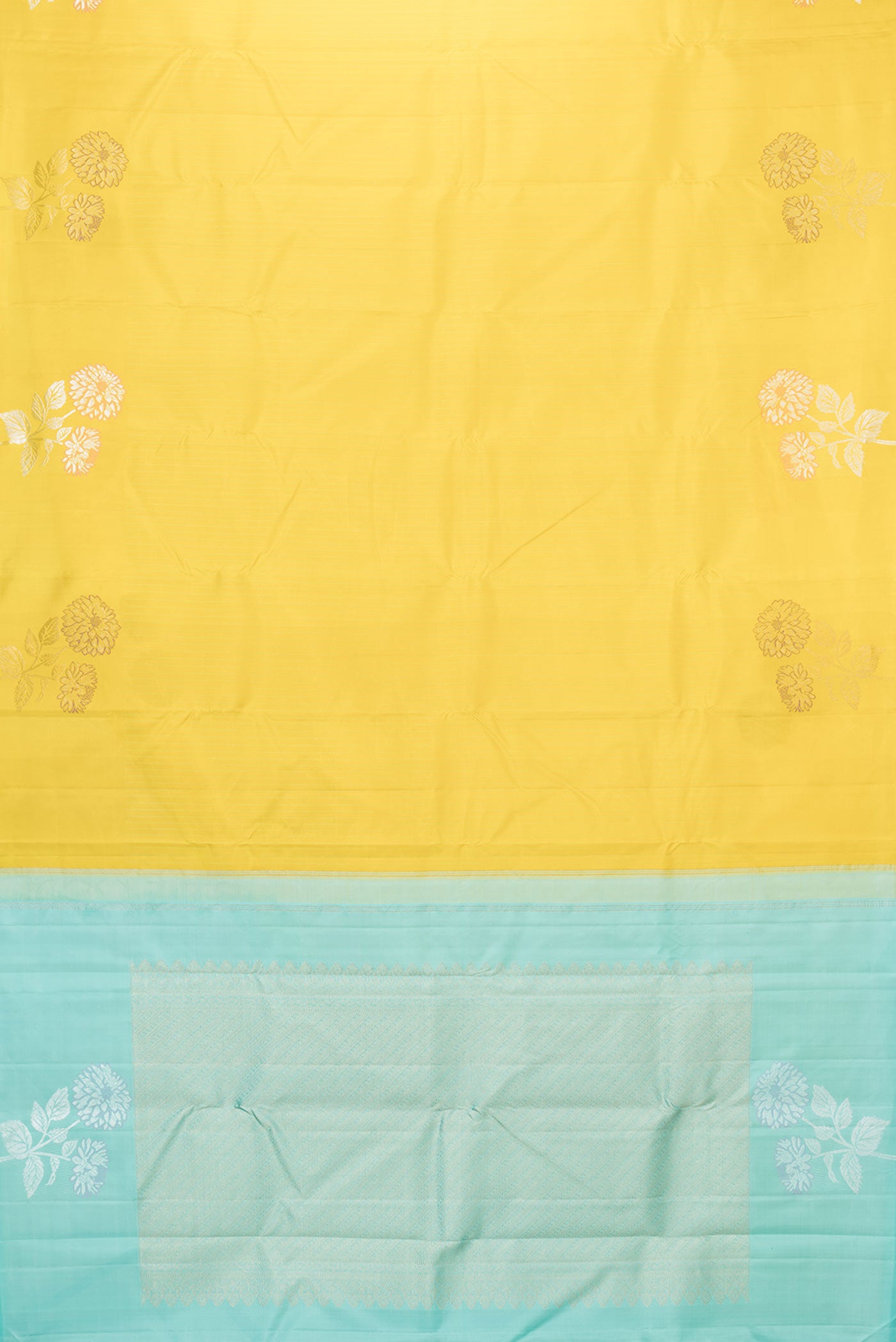 Flat view of Yellow Dual Tone Kanchipuram Saree with Stripes on the body and Fancy Border