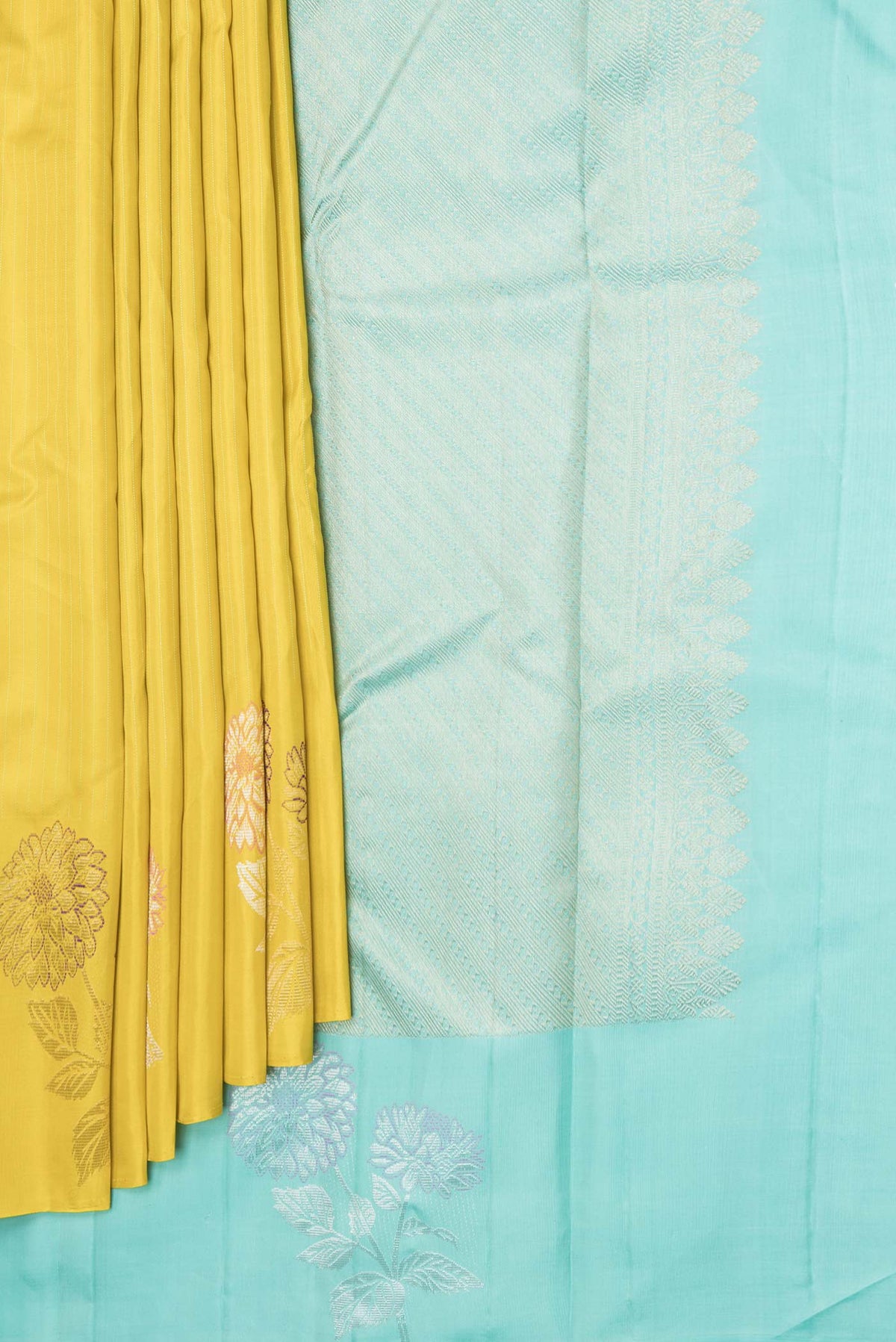 Pleats and pallu of Yellow Dual Tone Kanchipuram Saree with Stripes on the body and Fancy Border