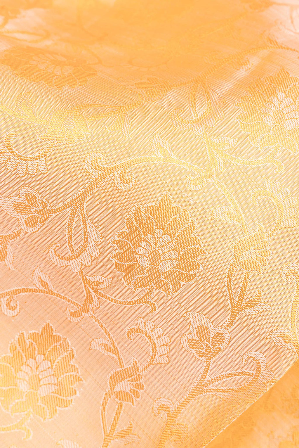 Close up of Pure Silk Sandal Kanjivaram Saree with Jacquard design on the body and Zari Border.  displaying folds