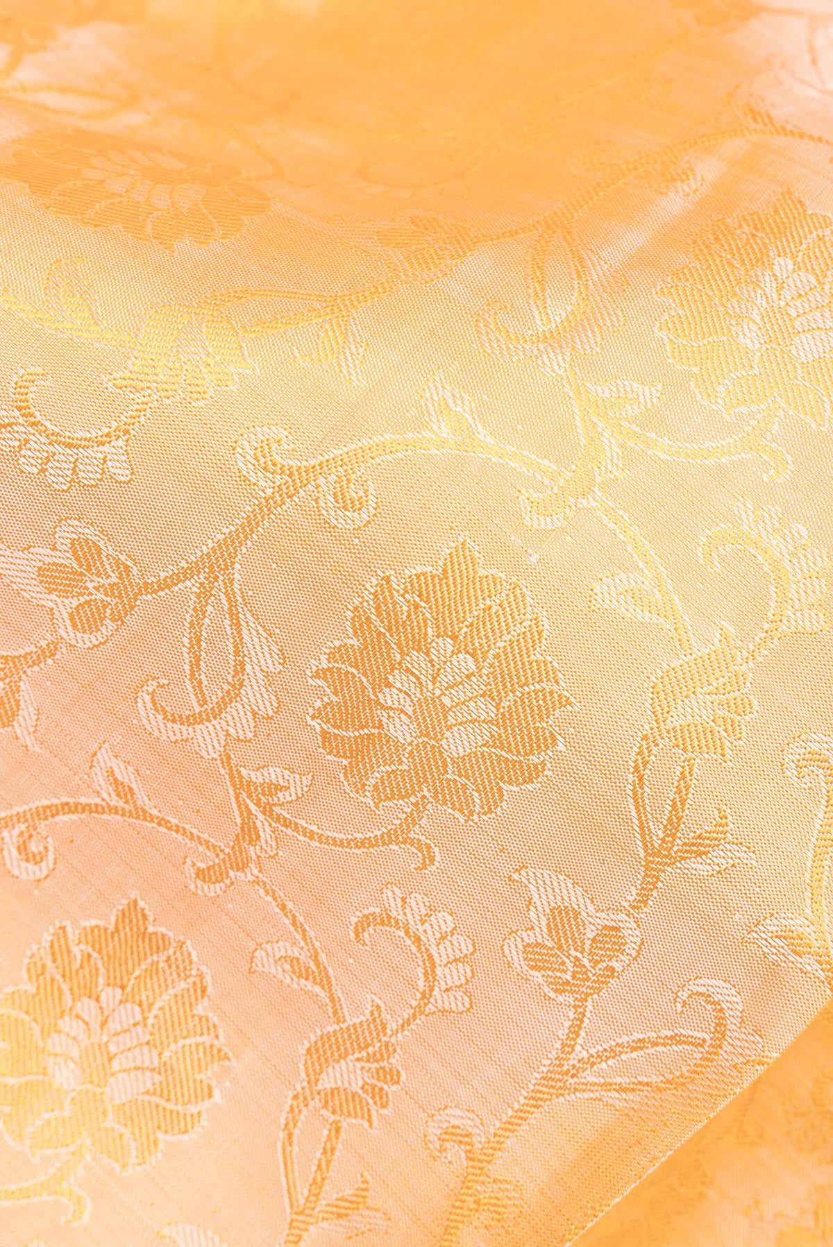 Close up of Pure Silk Sandal Kanjivaram Saree with Jacquard design on the body and Zari Border.  displaying folds
