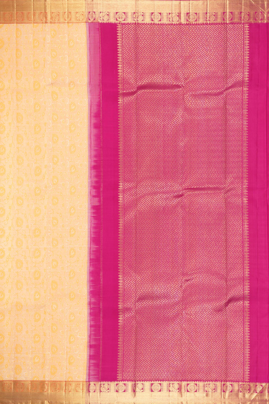 Close up image of the pallu of Pure Silk Sandal Kanjivaram Saree with Jacquard design on the body and Zari Border. 