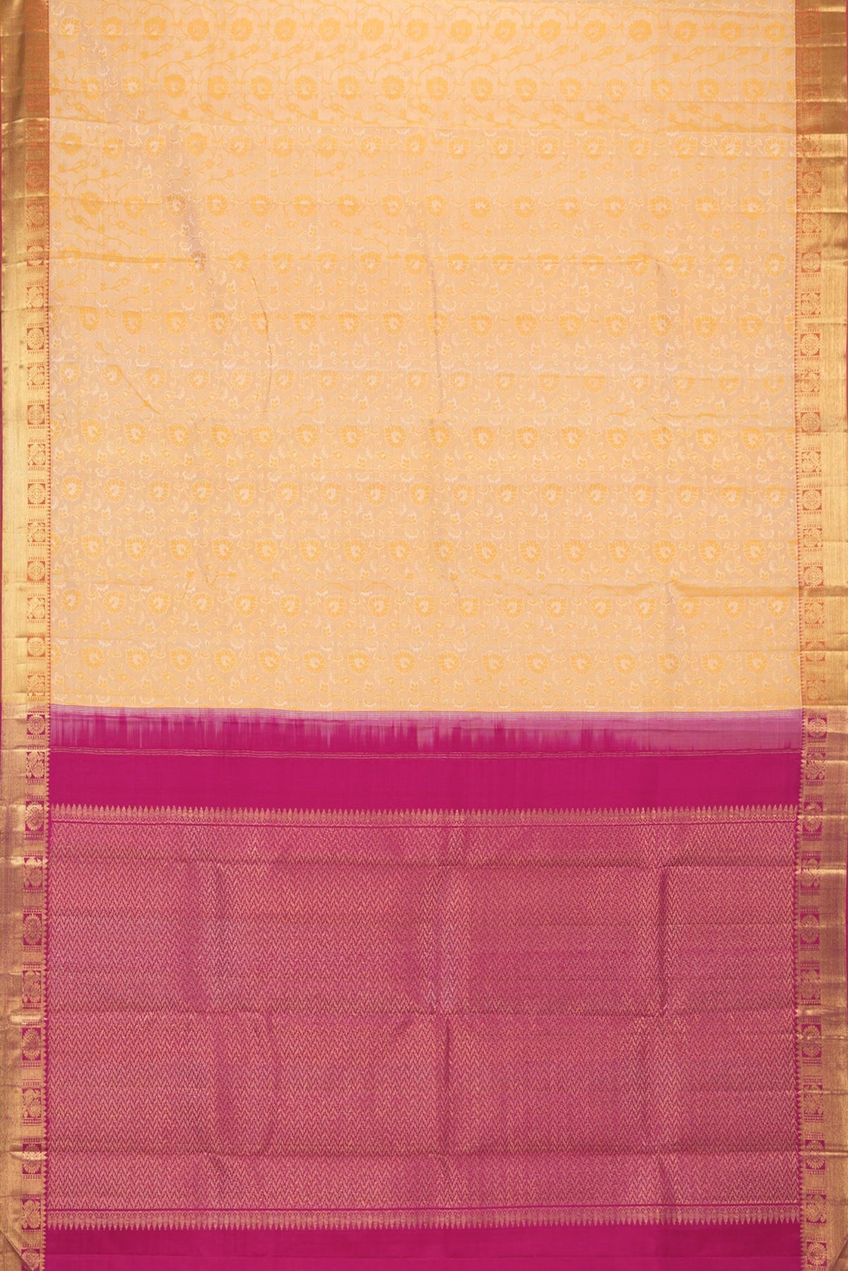 Flat view of Pure Silk Sandal Kanjivaram Saree with Jacquard design on the body and Zari Border. 
