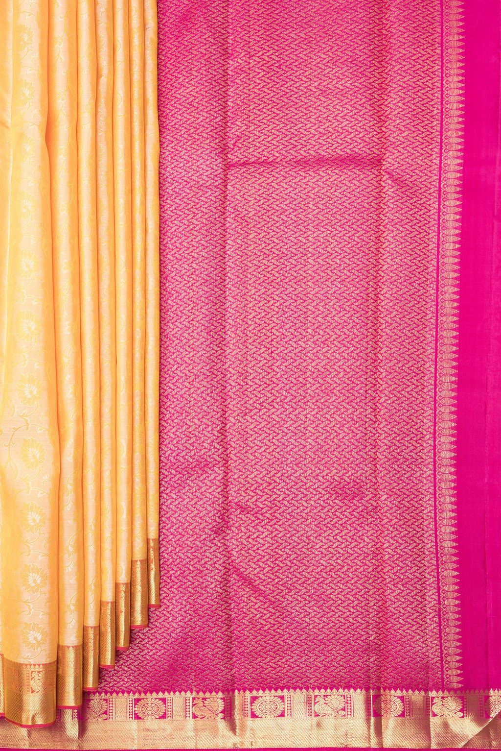 Pleats and pallu of Pure Silk Sandal Kanjivaram Saree with Jacquard design on the body and Zari Border. 