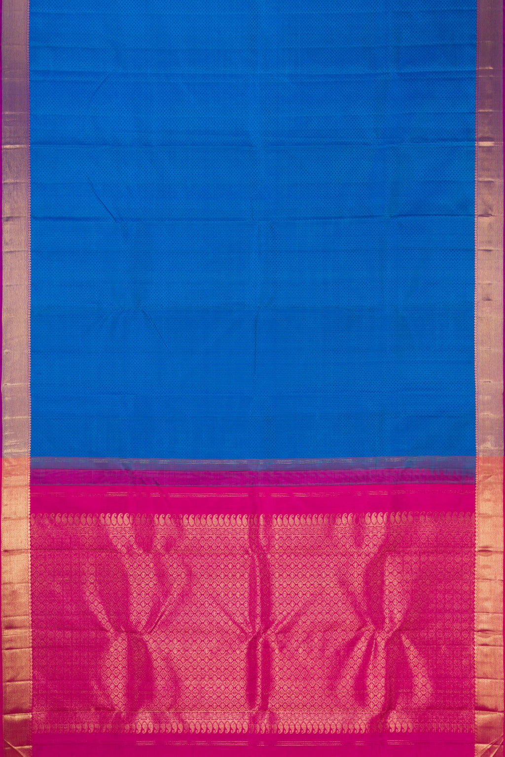 Flat view of Royal Blue Dual Tone Kanjivaram Silk Saree with Jacquard design on the body and Zari Border. 