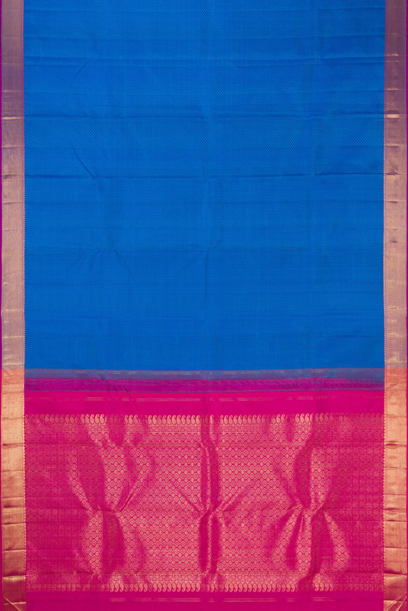 Flat view of Royal Blue Dual Tone Kanjivaram Silk Saree with Jacquard design on the body and Zari Border. 