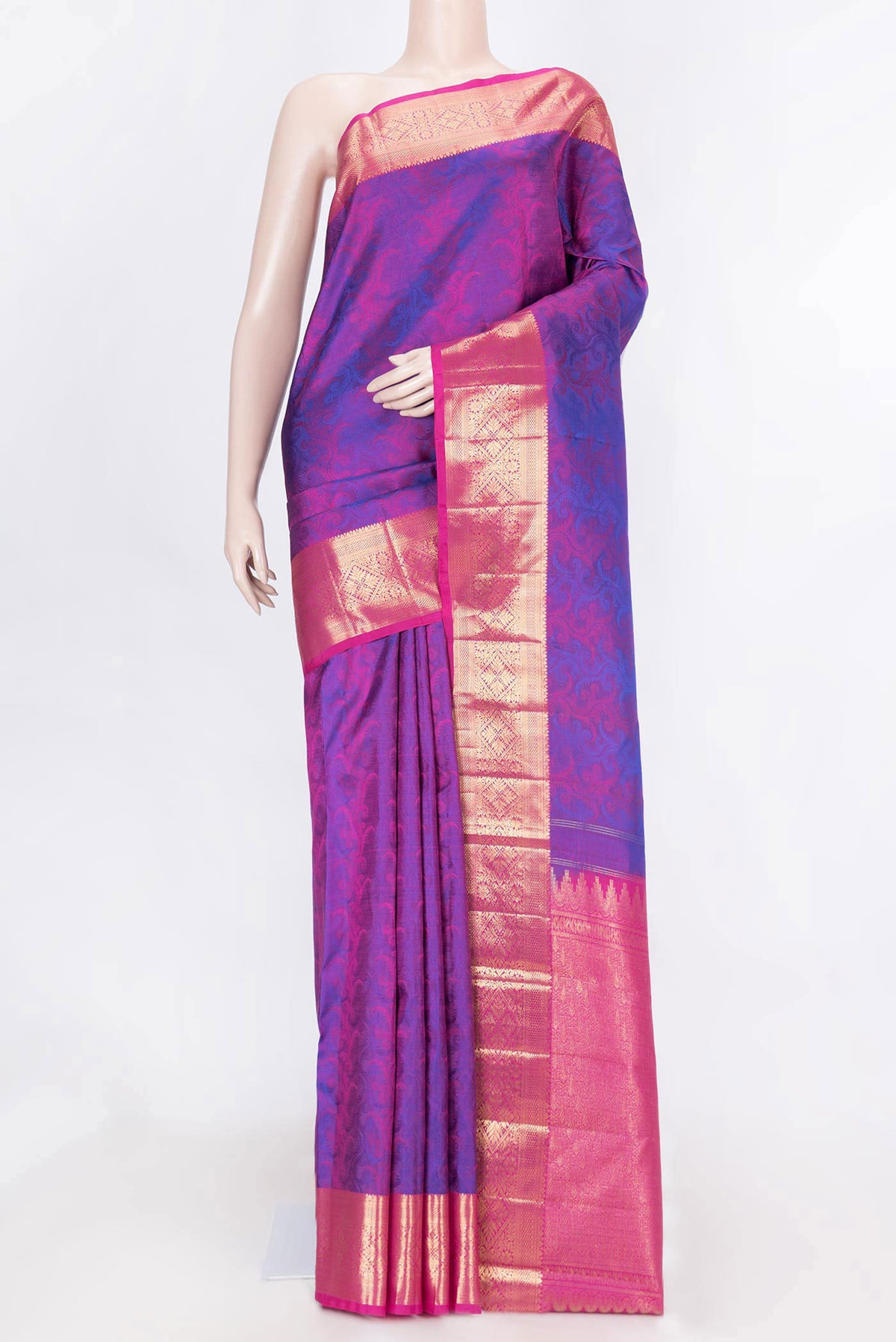 Purple Dual Tone Kanchipuram Silk Saree with Jacquard design on the body and Zari Border displayed on a mannequin