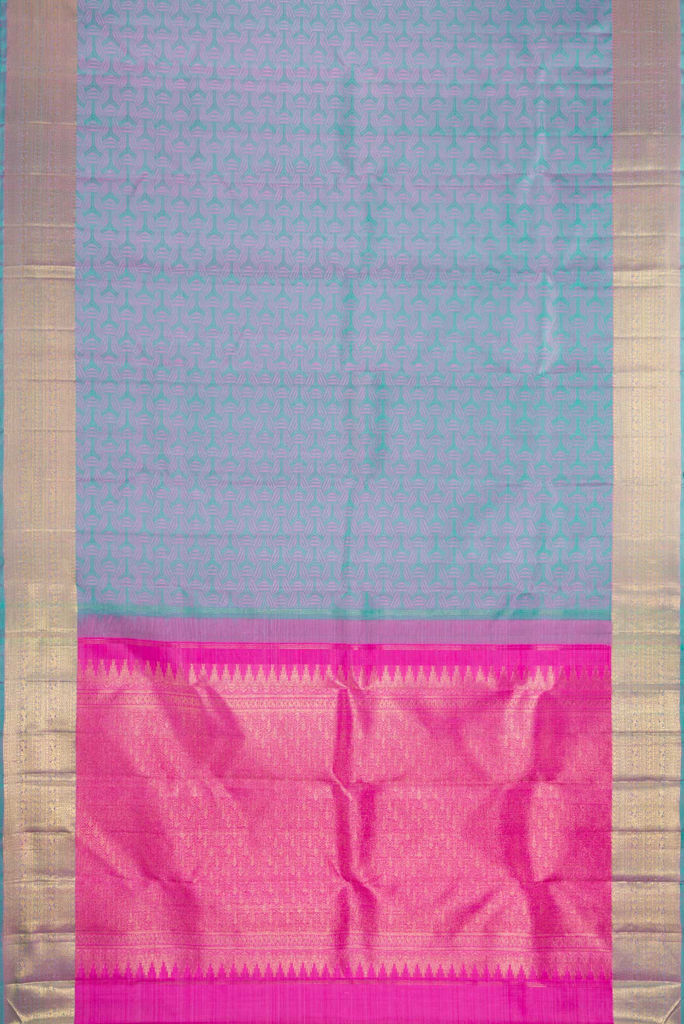 Flat view of Pure Silk Pure Zari Green Dual Tone Kanchipuram Saree with Jacquard design on the body and Zari Border. 