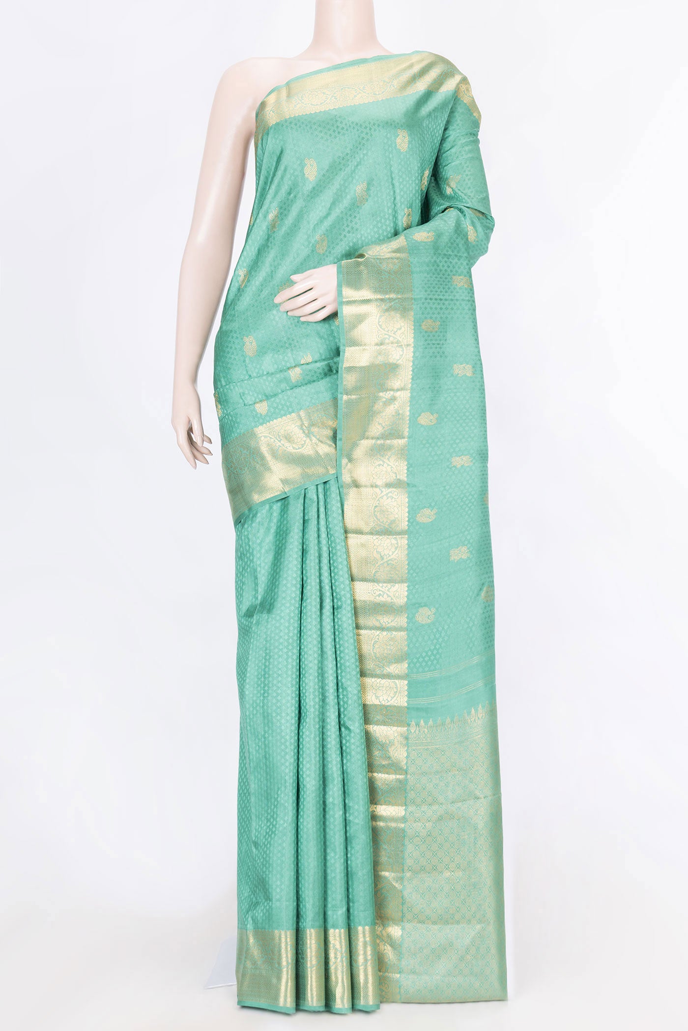 Pure Silk Pure Zari Green Dual Tone Kanchipuram Saree with Jacquard With Zari Butta on the body and Zari Border displayed on a mannequin