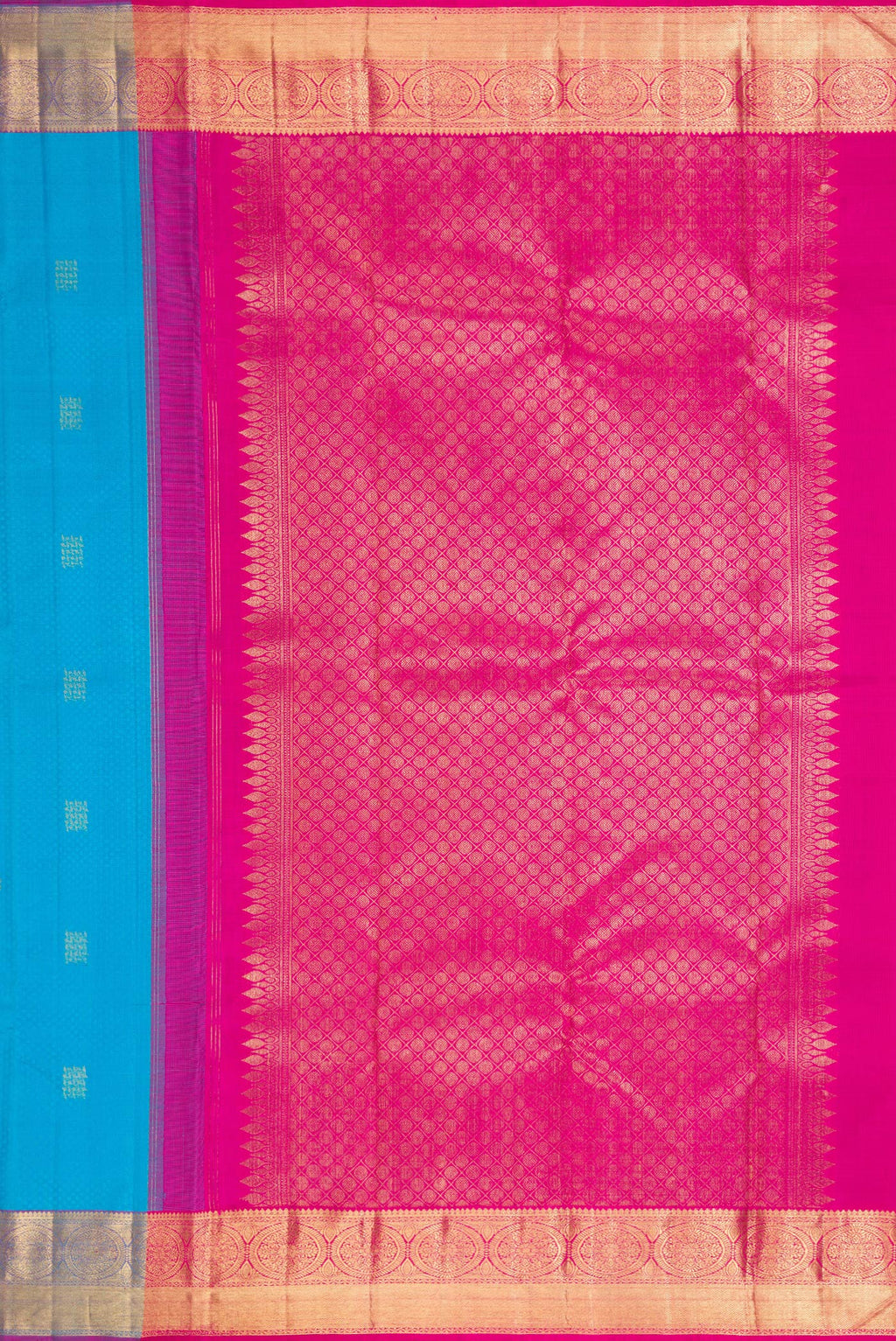 Close up image of the pallu of Pure Silk Pure Zari Sky Blue Dual Tone Kanchipuram Saree with Jacquard With Zari Butta on the body and Zari Border. 