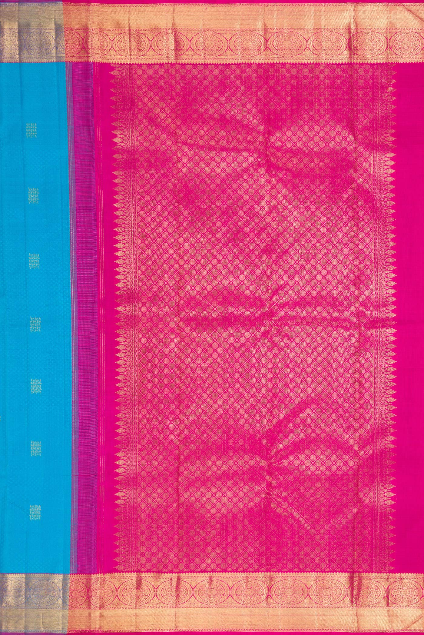 Close up image of the pallu of Pure Silk Pure Zari Sky Blue Dual Tone Kanchipuram Saree with Jacquard With Zari Butta on the body and Zari Border. 