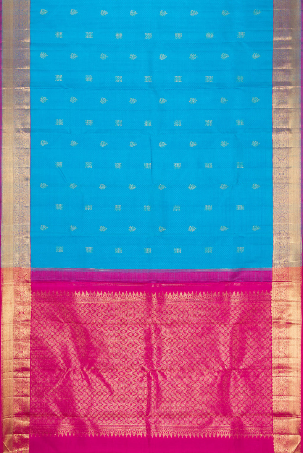 Flat view of Pure Silk Pure Zari Sky Blue Dual Tone Kanchipuram Saree with Jacquard With Zari Butta on the body and Zari Border. 