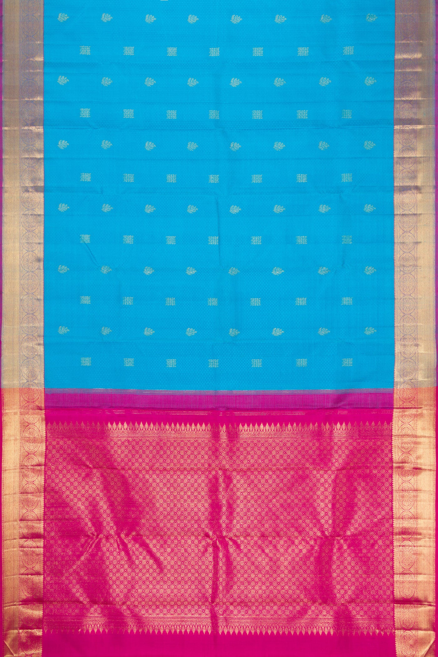 Flat view of Pure Silk Pure Zari Sky Blue Dual Tone Kanchipuram Saree with Jacquard With Zari Butta on the body and Zari Border. 