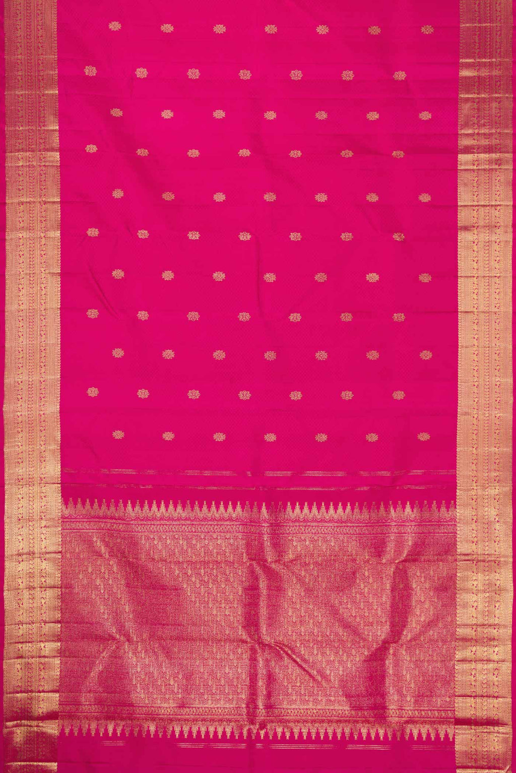 Flat view of Pure Silk Pure Zari Pink Dual Tone Kanchipuram Saree with Jacquard With Zari Butta on the body and Zari Border. 
