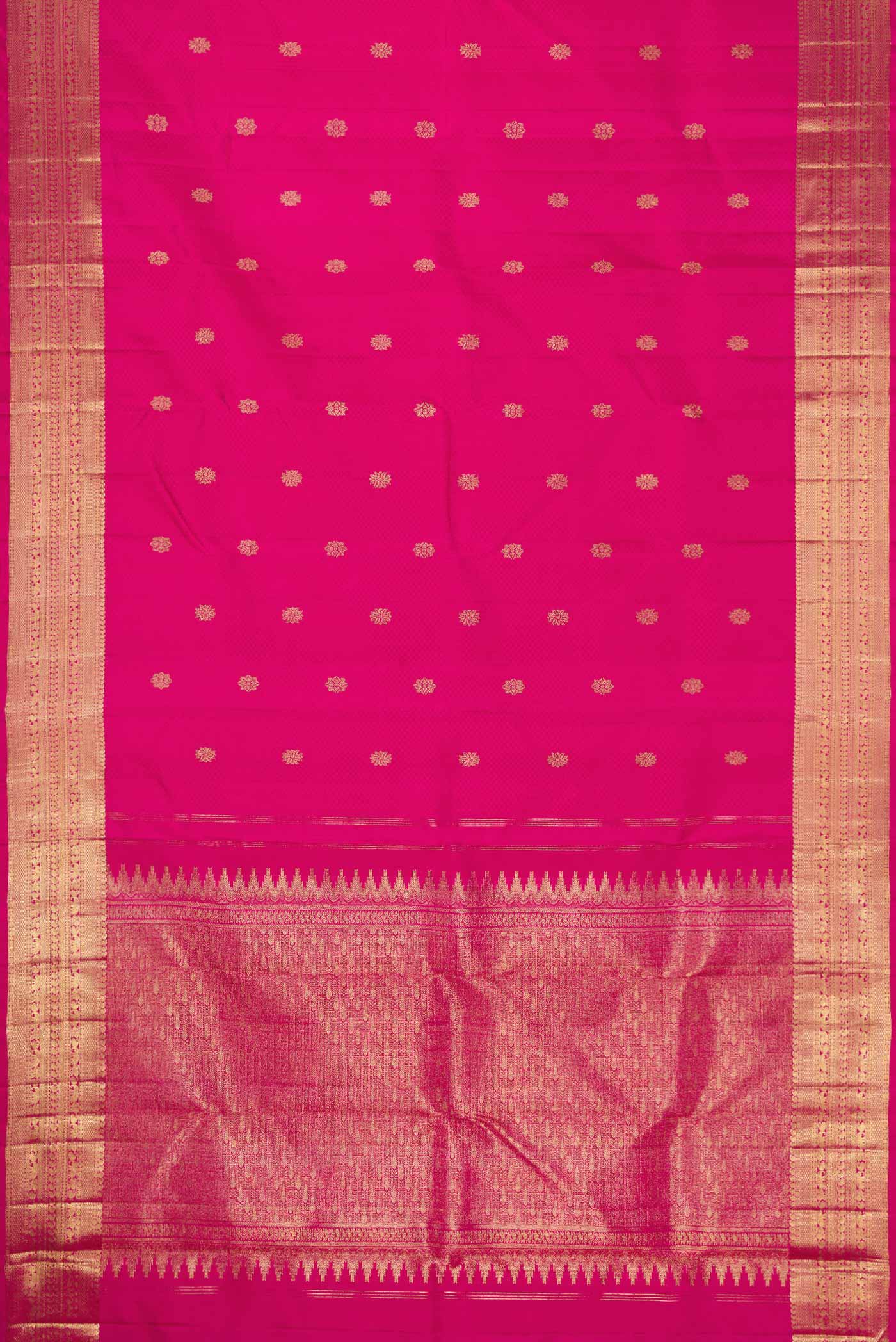 Flat view of Pure Silk Pure Zari Pink Dual Tone Kanchipuram Saree with Jacquard With Zari Butta on the body and Zari Border. 