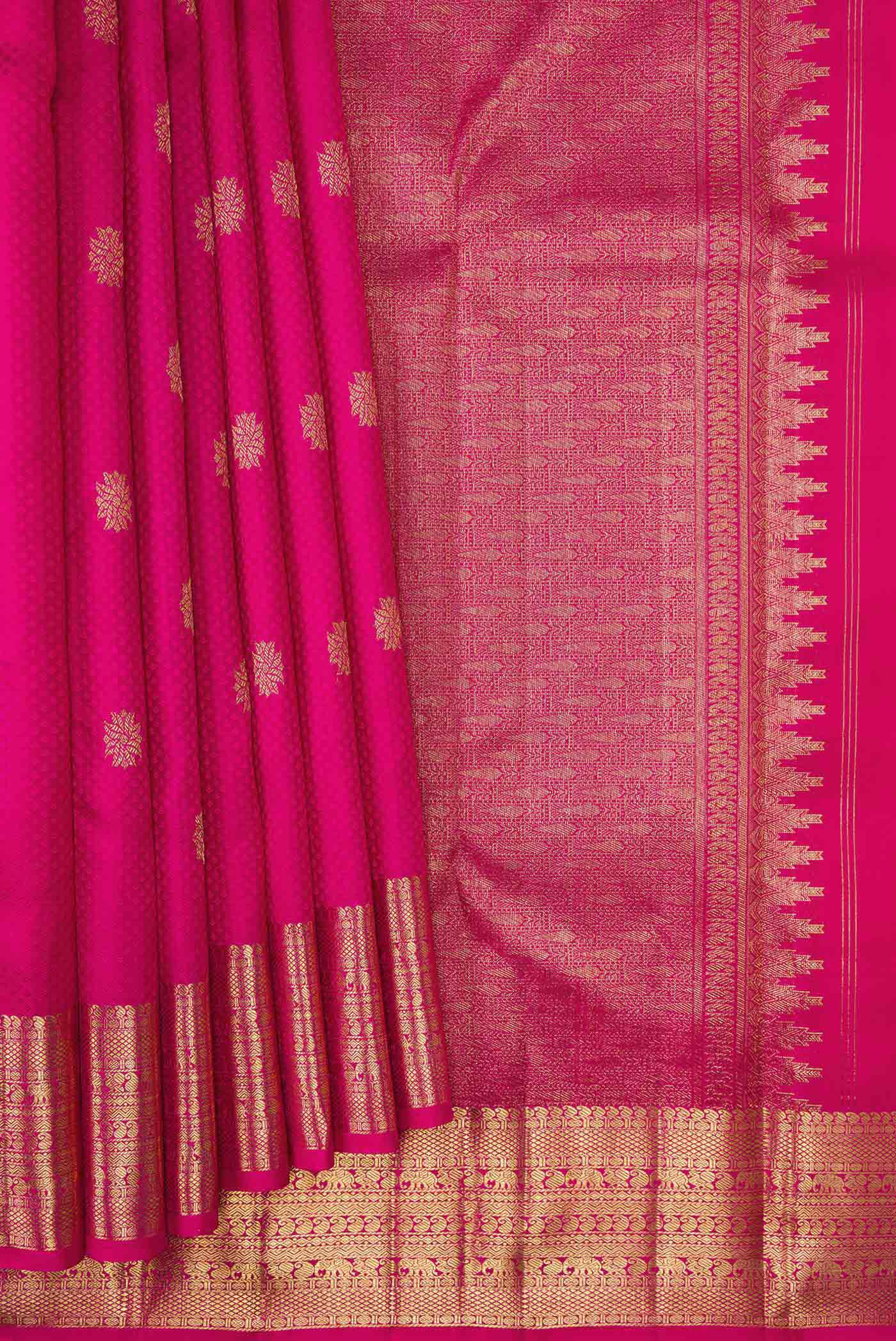 Pleats and pallu of Pure Silk Pure Zari Pink Dual Tone Kanchipuram Saree with Jacquard With Zari Butta on the body and Zari Border. 