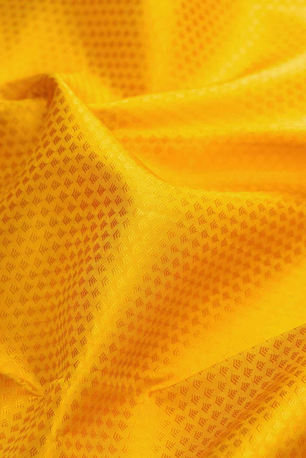 Close up of Yellow Dual Tone Kanjivaram Silk Saree with Jacquard design on the body and Zari Border.  displaying folds