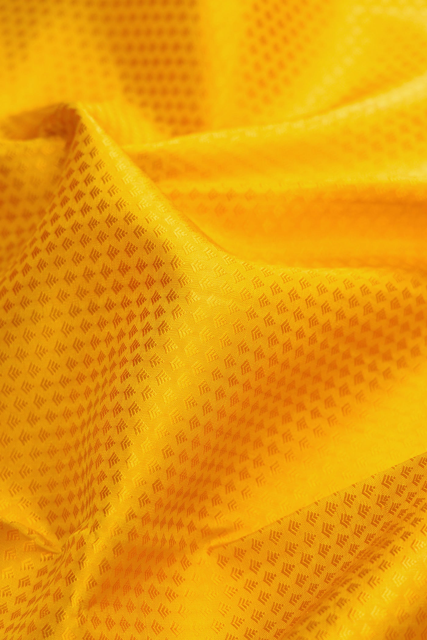 Close up of Yellow Dual Tone Kanjivaram Silk Saree with Jacquard design on the body and Zari Border.  displaying folds