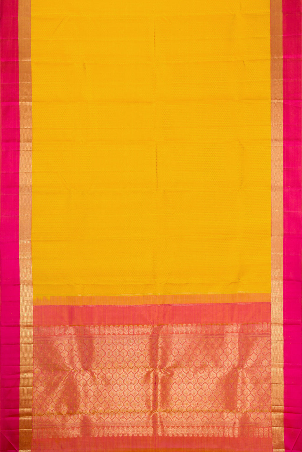 Flat view of Yellow Dual Tone Kanjivaram Silk Saree with Jacquard design on the body and Zari Border. 