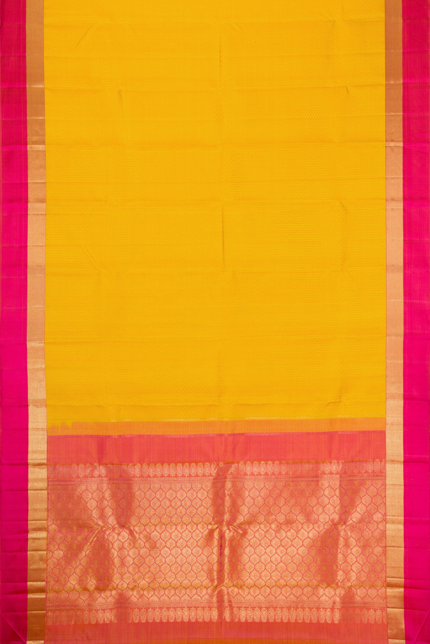 Flat view of Yellow Dual Tone Kanjivaram Silk Saree with Jacquard design on the body and Zari Border. 