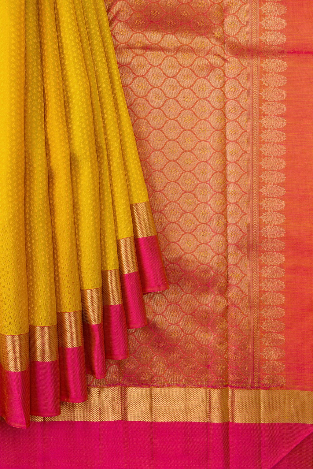 Pleats and pallu of Yellow Dual Tone Kanjivaram Silk Saree with Jacquard design on the body and Zari Border. 