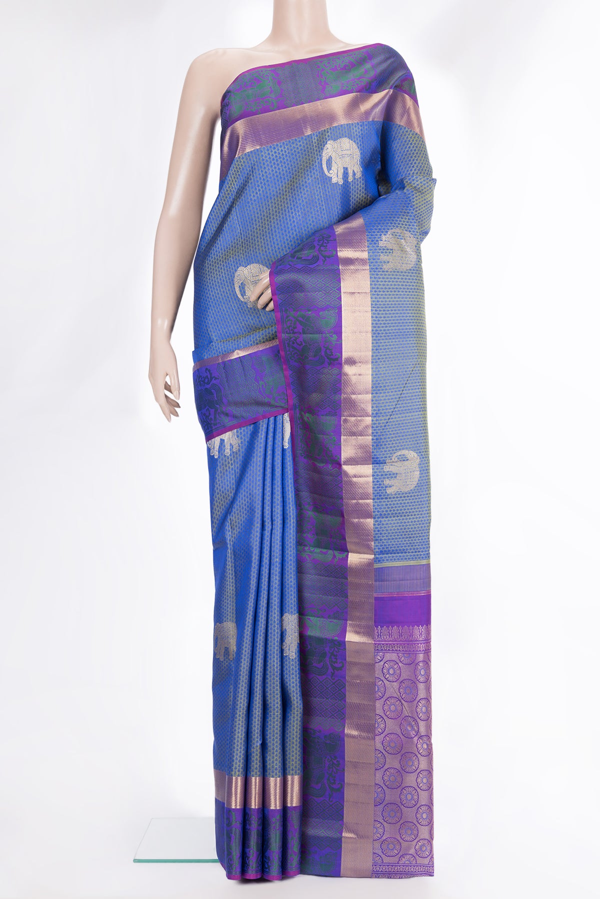 Pure Silk Blue with Green Color Kanjivaram Saree with Jacquard With Zari Butta on the body and Fancy Border.  displayed on a mannequin