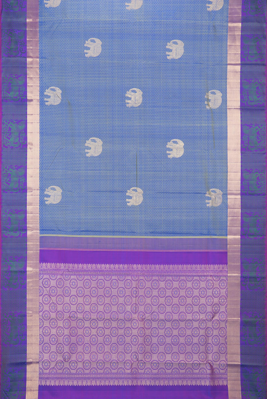 Flat view of Pure Silk Blue with Green Color Kanjivaram Saree with Jacquard With Zari Butta on the body and Fancy Border. 