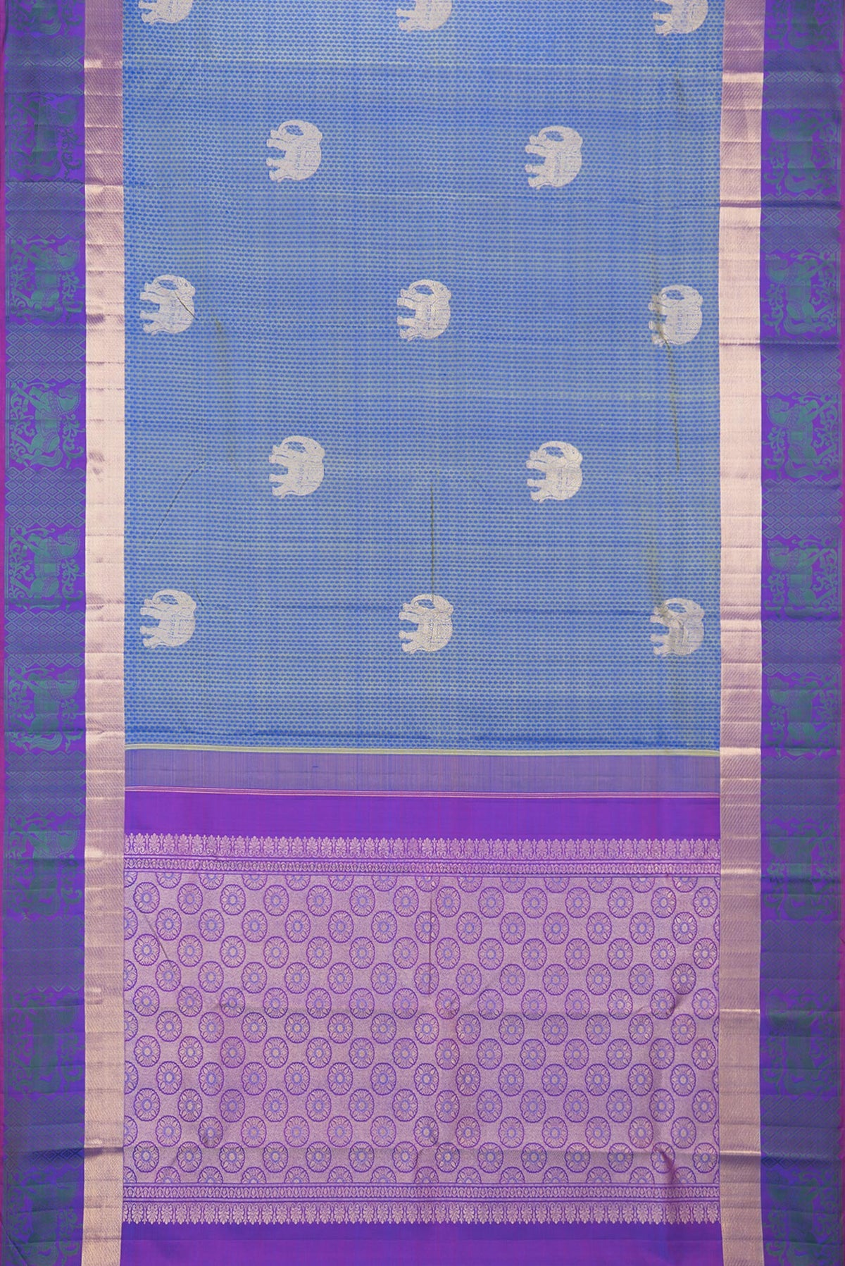 Flat view of Pure Silk Blue with Green Color Kanjivaram Saree with Jacquard With Zari Butta on the body and Fancy Border. 