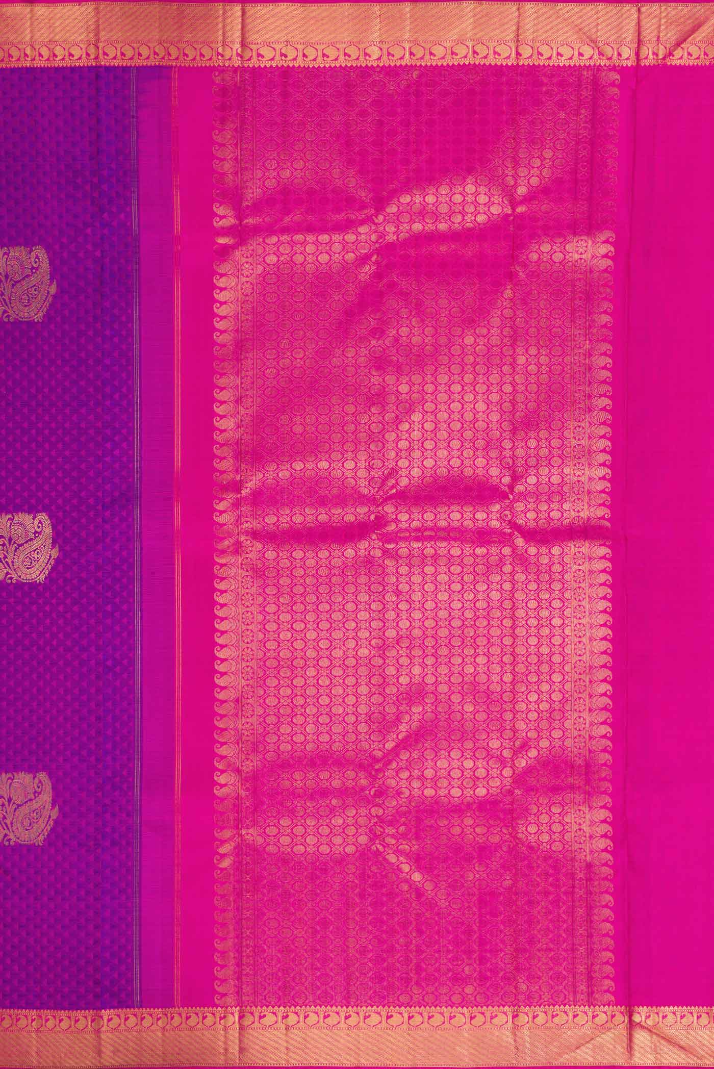 Close up image of the pallu of Pure Silk Pure Zari Purple Dual Tone Kanjivaram Saree with Jacquard With Zari Butta on the body and Zari Border. 