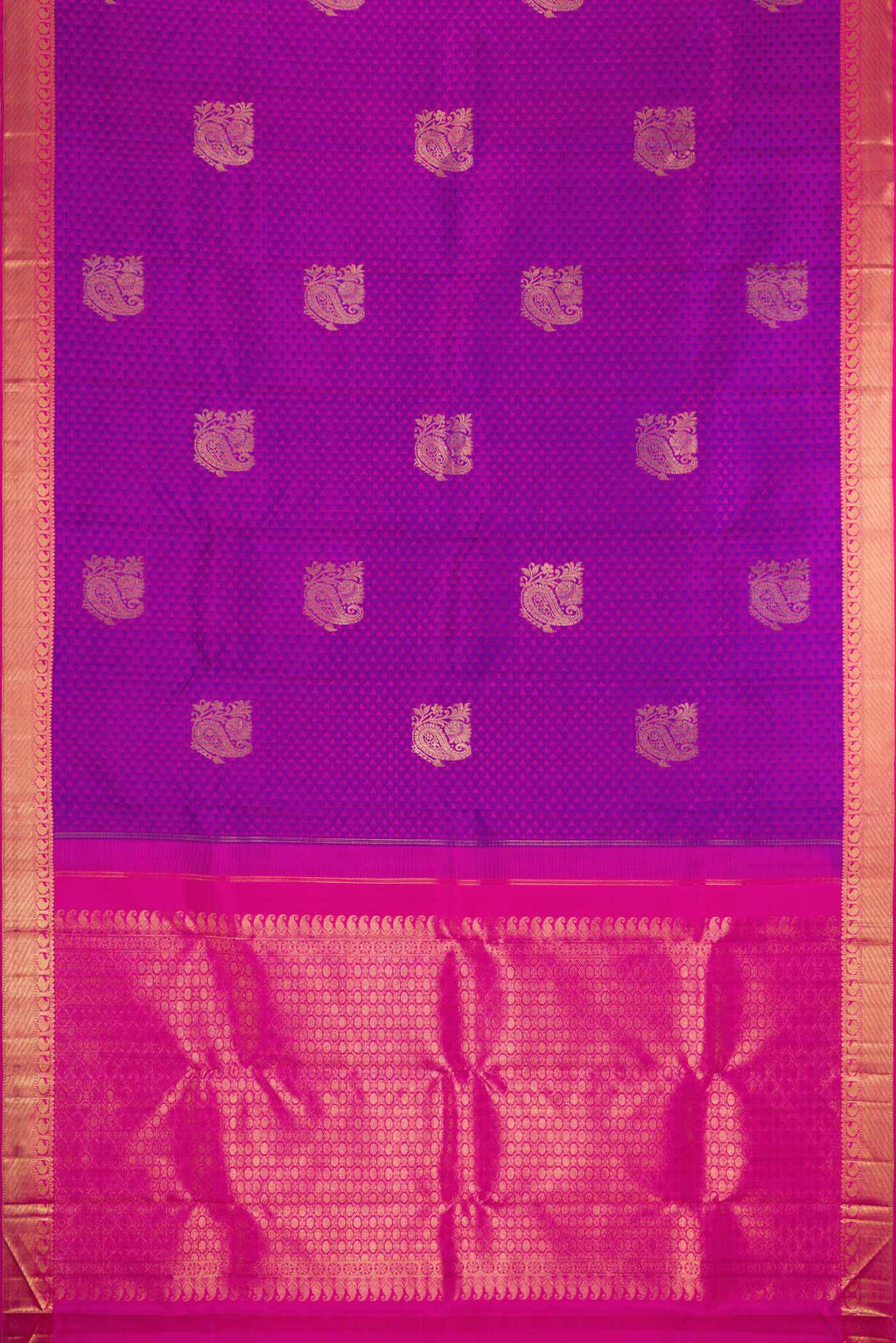 Flat view of Pure Silk Pure Zari Purple Dual Tone Kanjivaram Saree with Jacquard With Zari Butta on the body and Zari Border. 