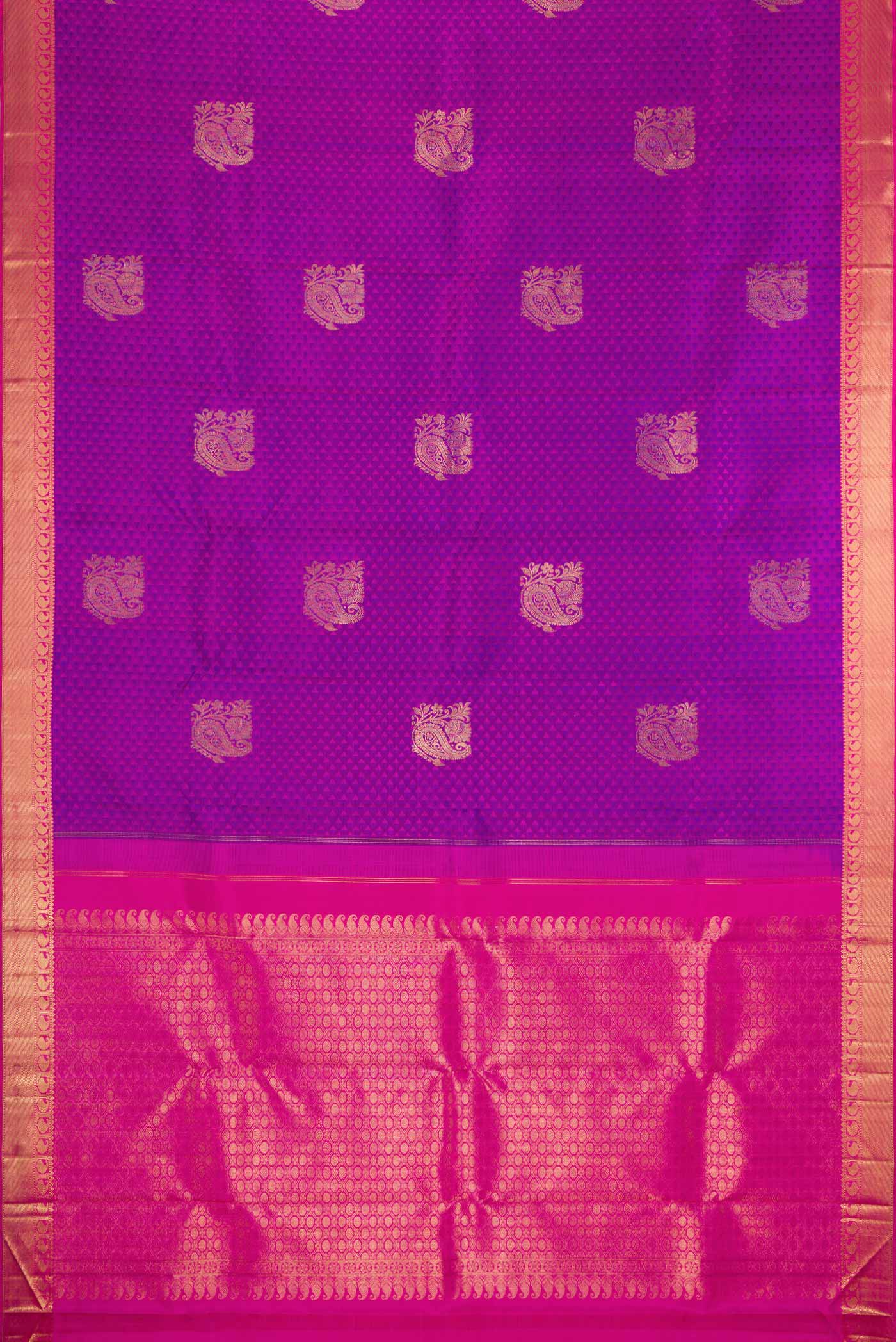 Flat view of Pure Silk Pure Zari Purple Dual Tone Kanjivaram Saree with Jacquard With Zari Butta on the body and Zari Border. 