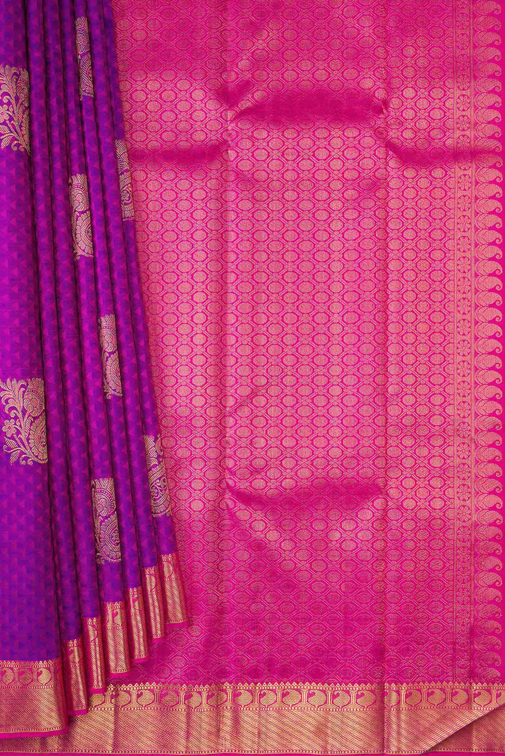 Pleats and pallu of Pure Silk Pure Zari Purple Dual Tone Kanjivaram Saree with Jacquard With Zari Butta on the body and Zari Border. 