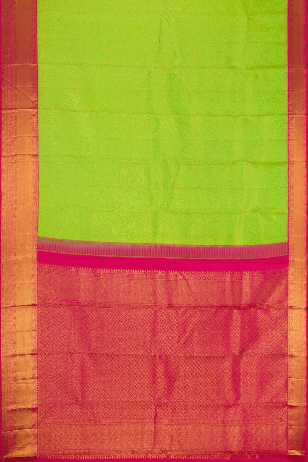 Flat view of Parrot Green Dual Tone Kanchipuram Silk Saree with Zari Brocade on the body and Zari Border. 