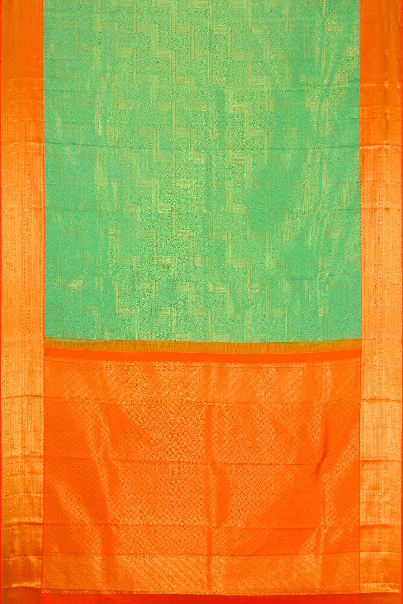 Flat view of Parrot Green Dual Tone Kanchipuram Silk Saree with Zari Brocade on the body and Zari Border. 