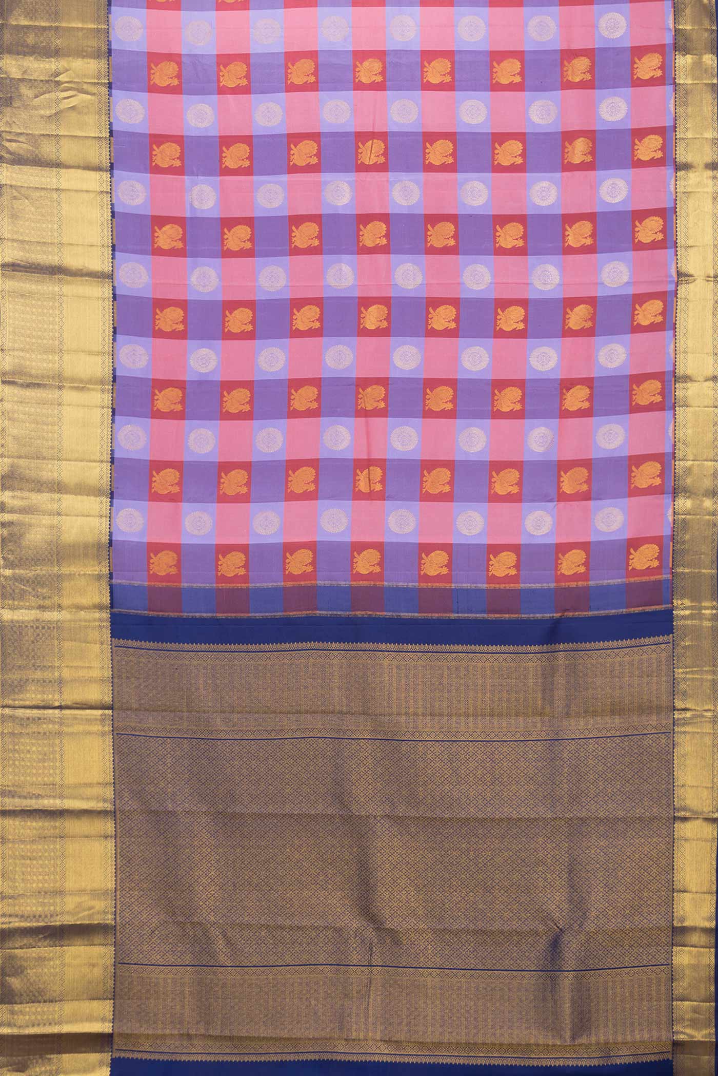 Flat view of Lavender,Maroon and Pink Color Kanchipuram Saree with Checked design on the body and Zari Border. 