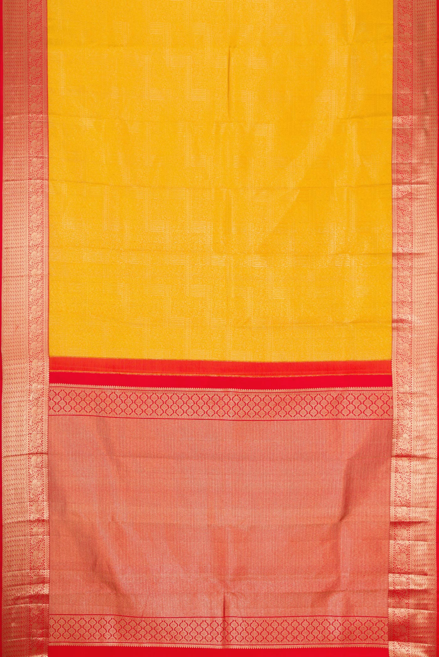 Flat view of Mustard Dual Tone Kanjivaram Silk Saree with Zari Brocade on the body and Zari Border. 