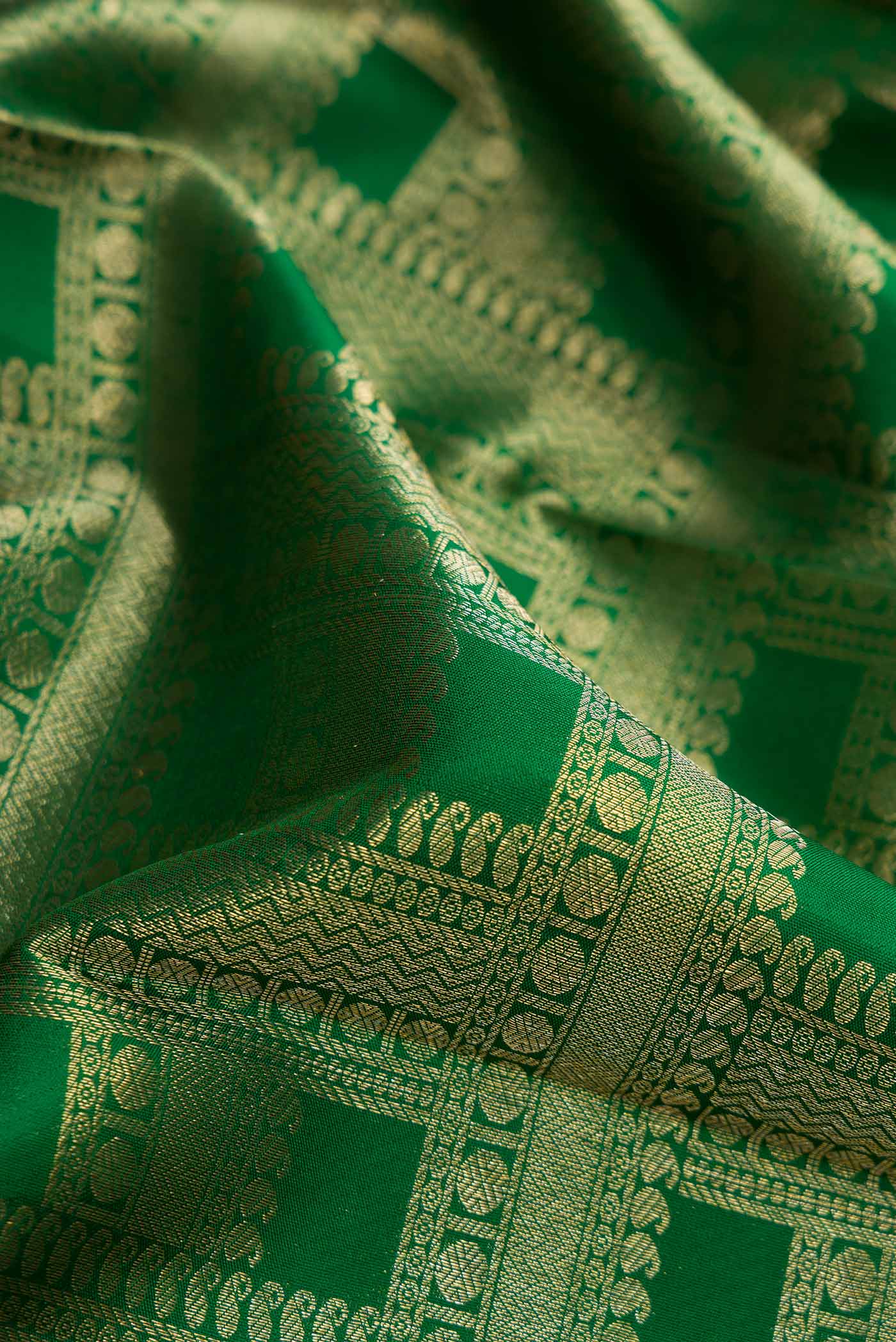 Close up of Green Dual Tone Kanjivaram Silk Saree with Zari Brocade on the body and Zari Border.  displaying folds