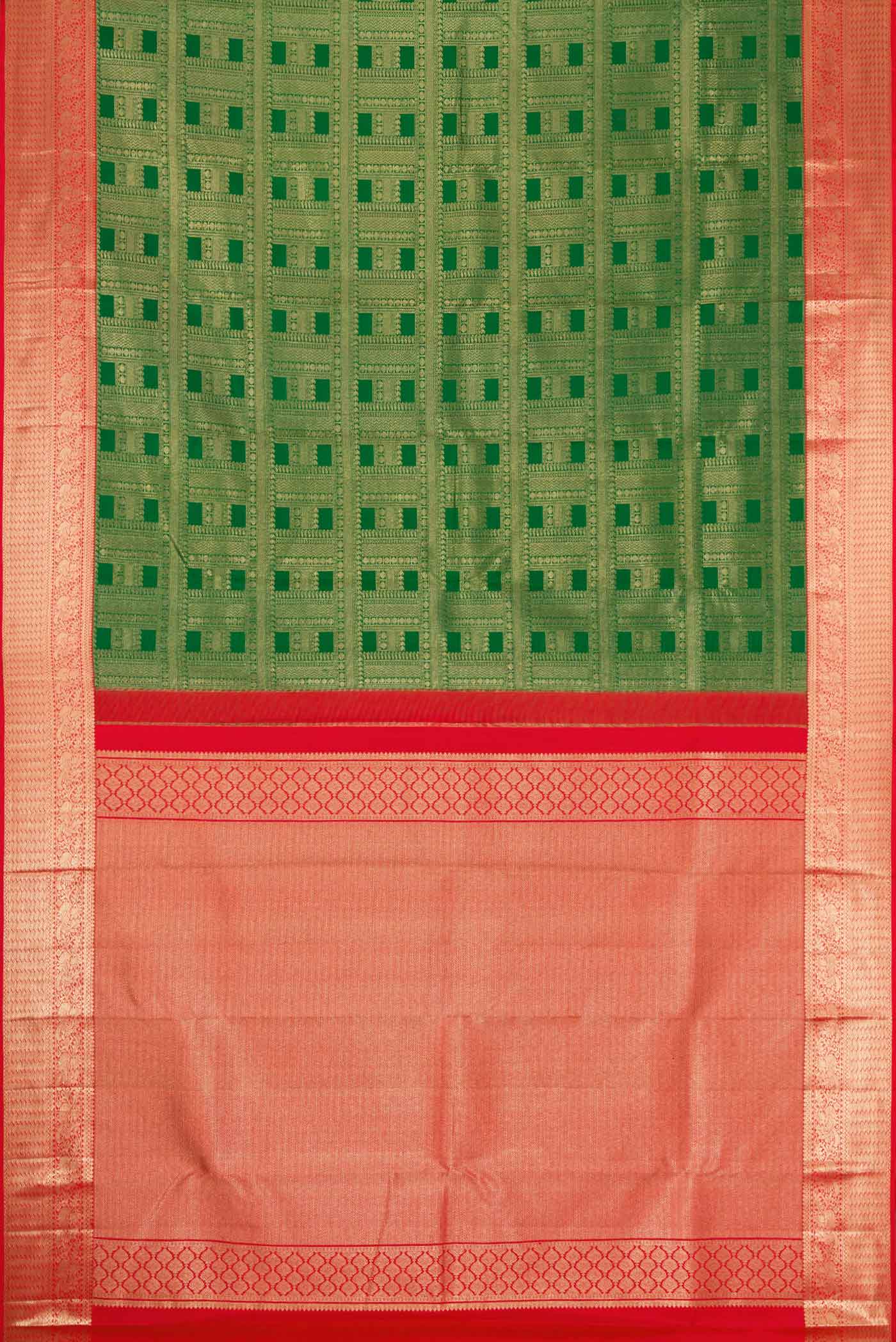 Flat view of Green Dual Tone Kanjivaram Silk Saree with Zari Brocade on the body and Zari Border. 