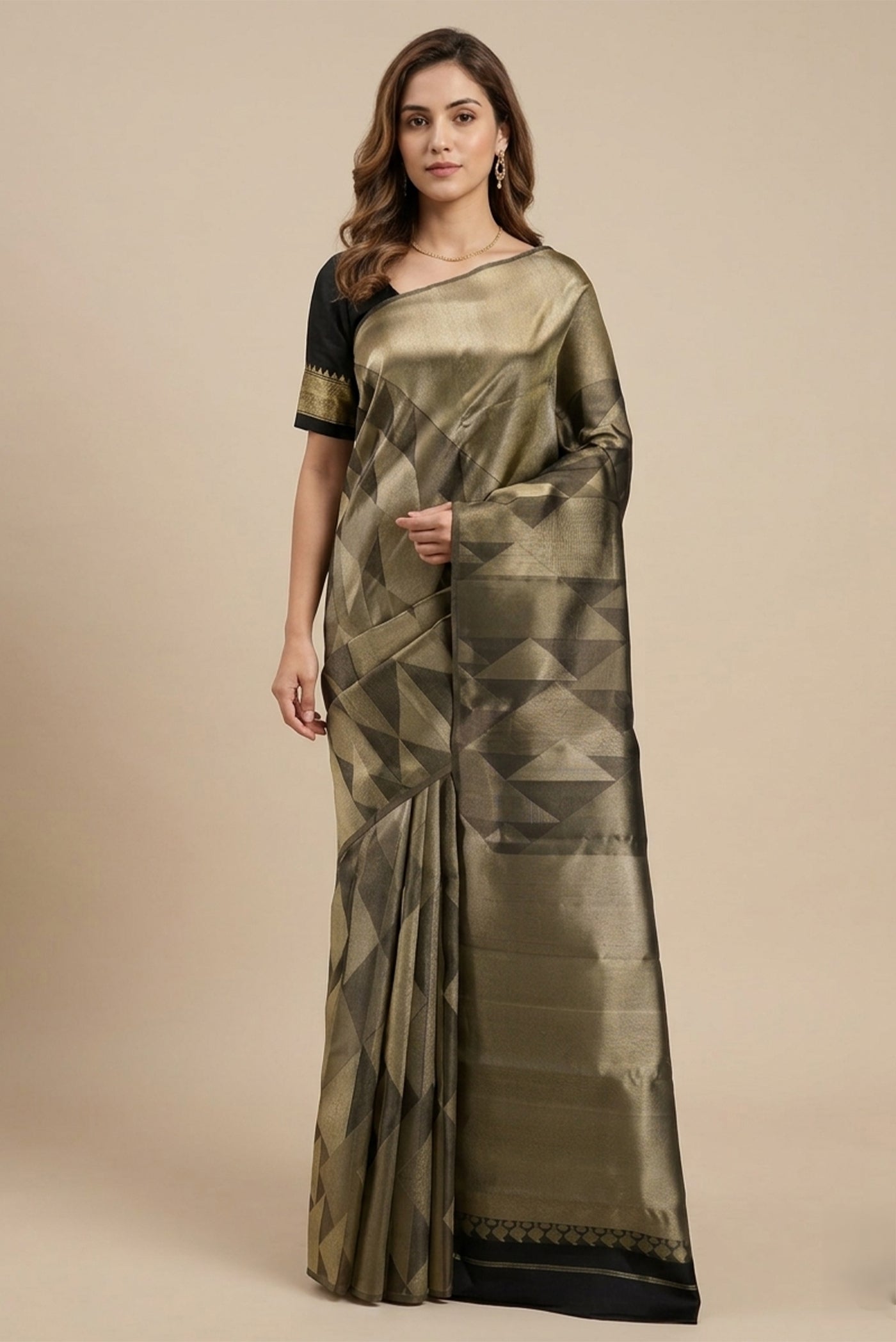 Model wearing a Black with Gold Color Kanchipuram Silk Saree with Zari Brocade on the body and Without Border.