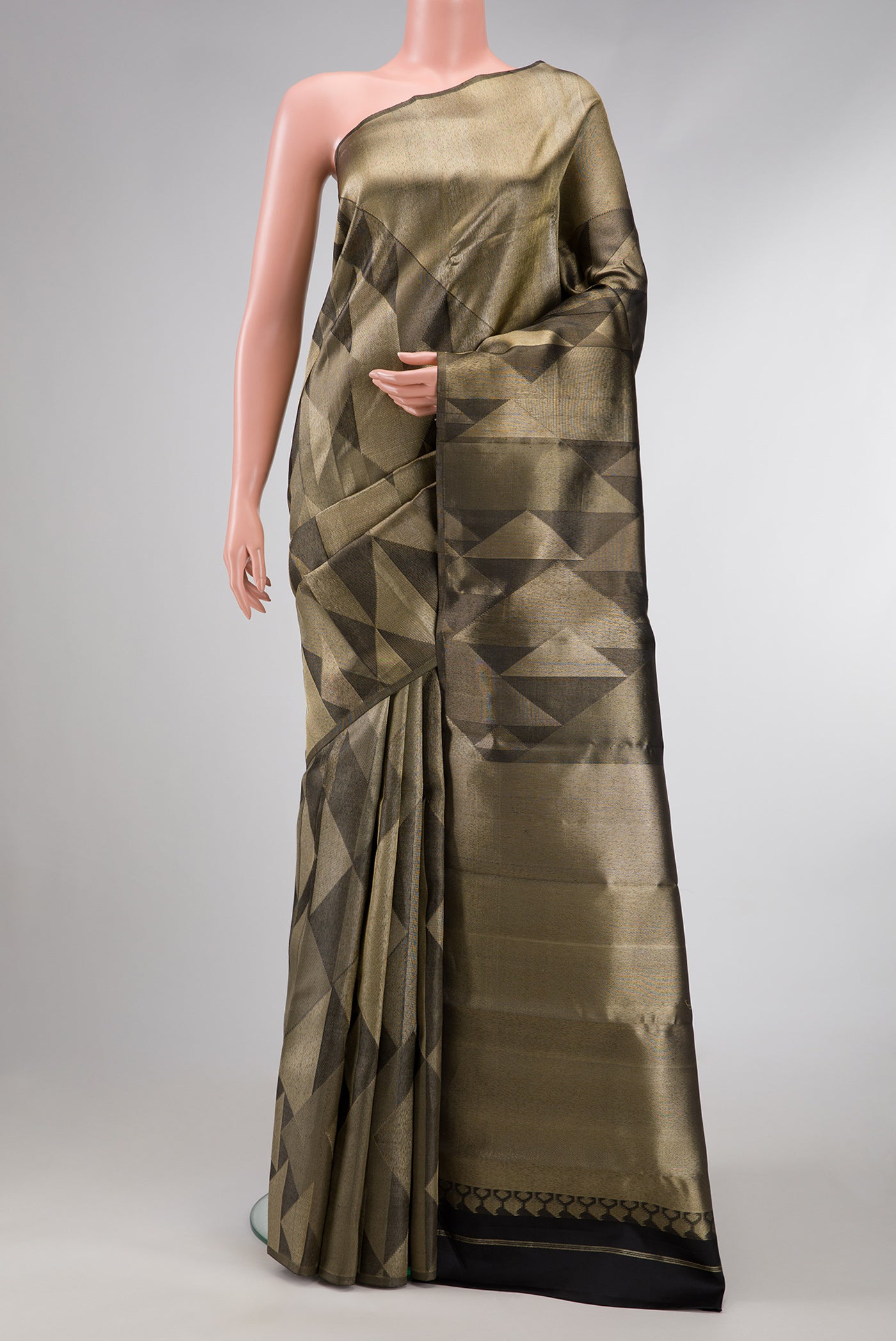 Black Dual Tone Kanjivaram Silk Saree with Zari Brocade on the body and Without Border.  displayed on a mannequin