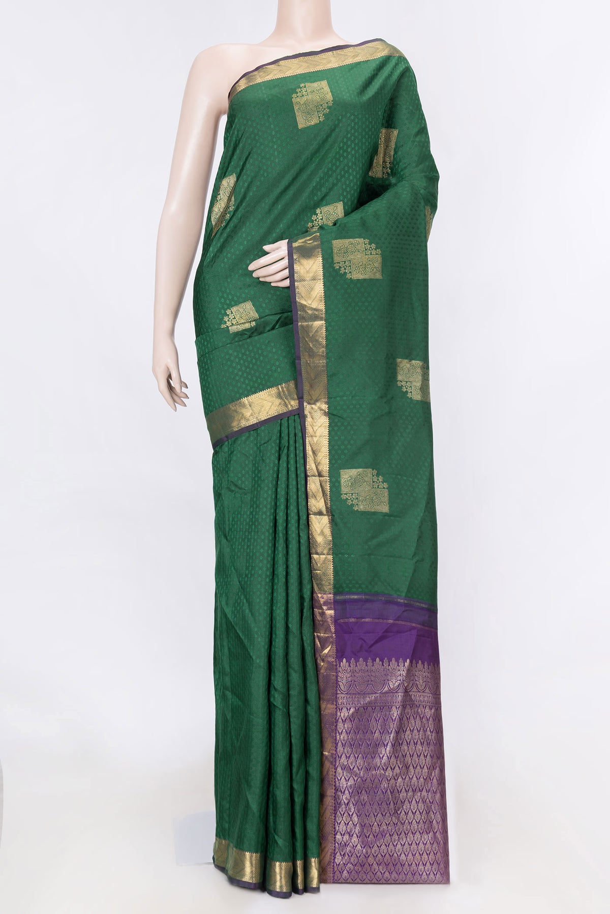 Green Dual Tone Kanchipuram Saree with Jacquard With Zari Butta on the body and Zari Border displayed on a mannequin